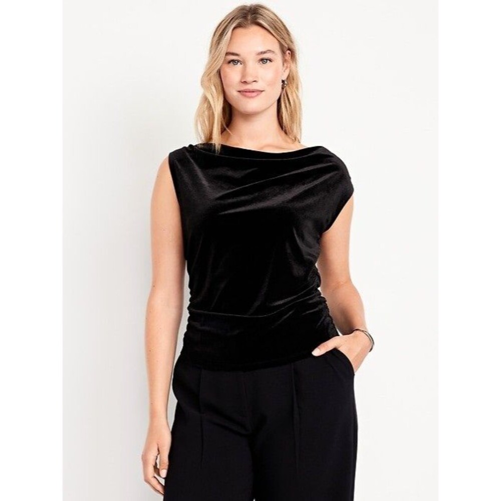 Old Navy Womens Black Velvet Ruched Cowl Neck Sleeveless Blouse Sz 2X NWT